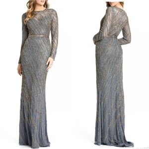 Mac Duggal Beaded Long Sleeve Tulle Column Gown